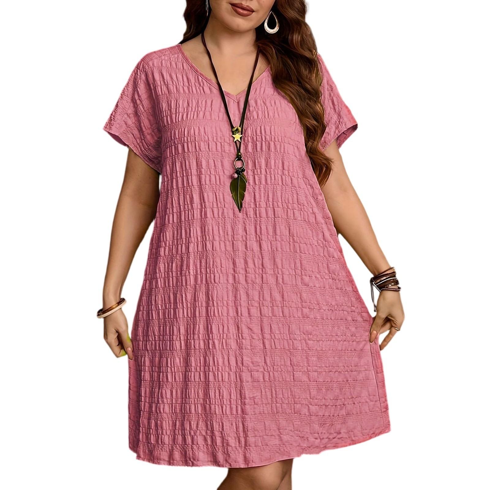 

Женское платье Летнее праздничное платье Однотонное V-образный вырез Свободное платье с коротким рукавом XL розовый