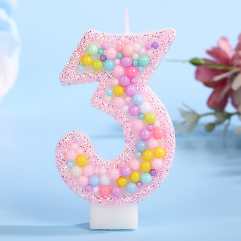 Colorful Ocean Bead Birthday Number Candle - Pink Edge Cake Decoration