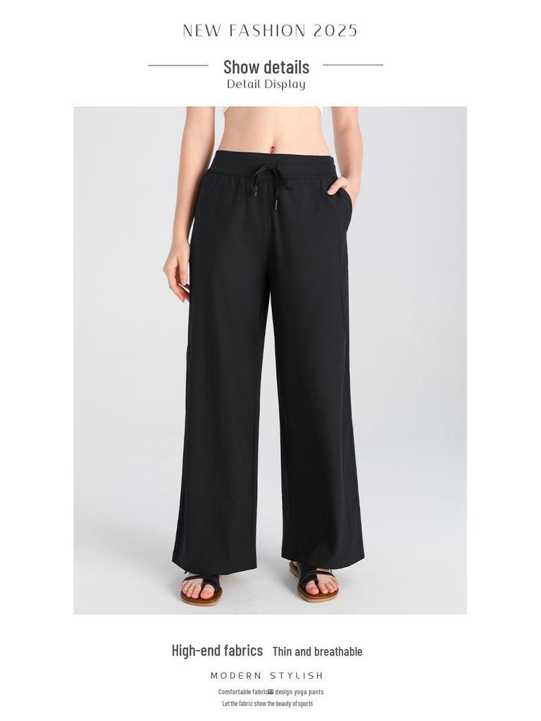 Damen Sommer Yoga Hose mit Hohem Bund, Weiter Beinform, Sonnenschutz und Taschen