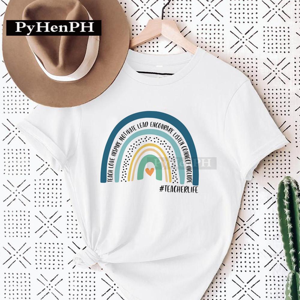 Womens Fashion Rainbow Teacher Graphic TShirt Loose Fit Casual round Neck Aesthetic Top Ins Style Modal fabric