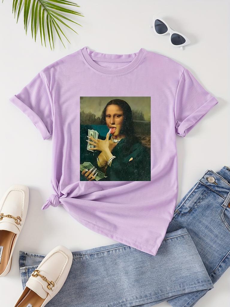 Tricou Damă Parodie Mona Lisa Cash - Grafică Artistică Amuzantă, Top Negru Casual