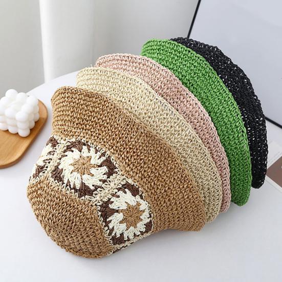 Straw Hat Bohemian Floral Pattern Foldable Beach Hat Wide Brim Hollow Design Bucket Hat Breathable Summer Accessory