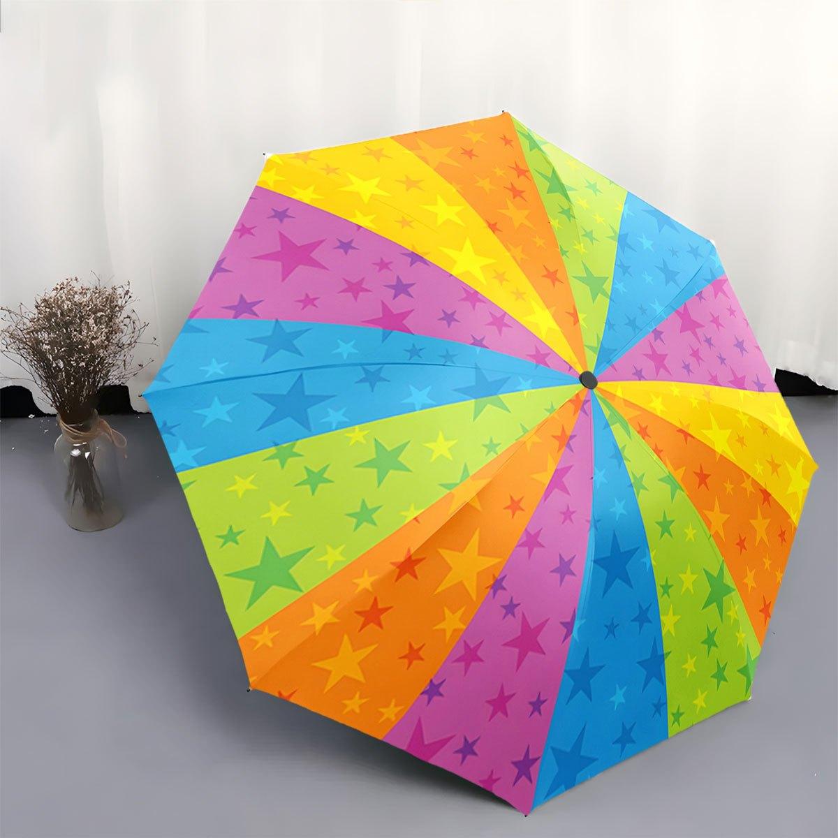 

Automatic Folding Umbrella with Rainbow Stripes & Scattered Stars - Portable Collapsible Design, 8-Rib Durable Frame, Lightwei Iron&8K