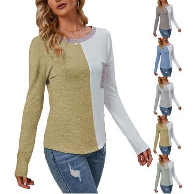 Women's Long Sleeve Patchwork O-neck Casual T-shirt Loose Women's Top