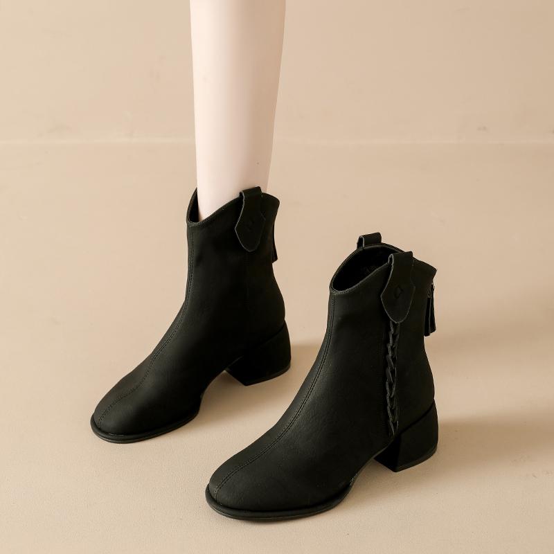 Fashion Block Heel Retro Woven Block Heel Short Boots Women's Autumn and Winter New Temperament Versatile Skinny Booties