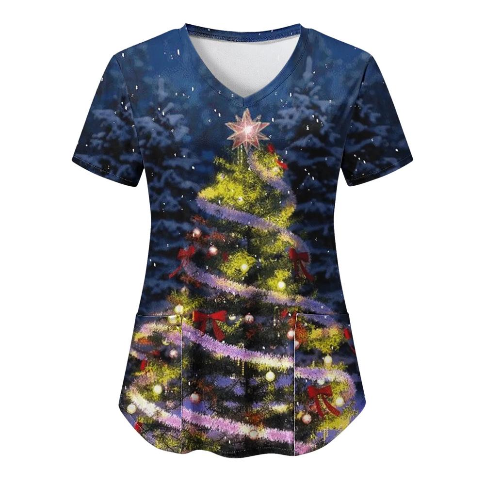 Fruit Plus Size V-Neck Tops Pockets Women Working Uniform Nurse Orange Banana Wear Print Femme Blouse Medical Uniforms Shirts