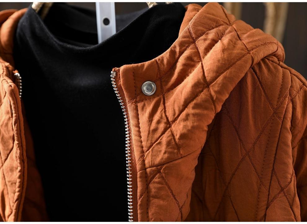 Chaqueta de Algodón con Capucha Acolchada de Diamantes para Mujer - Petite, Holgada, Informal, Ligera, Tendencia Invierno 2025