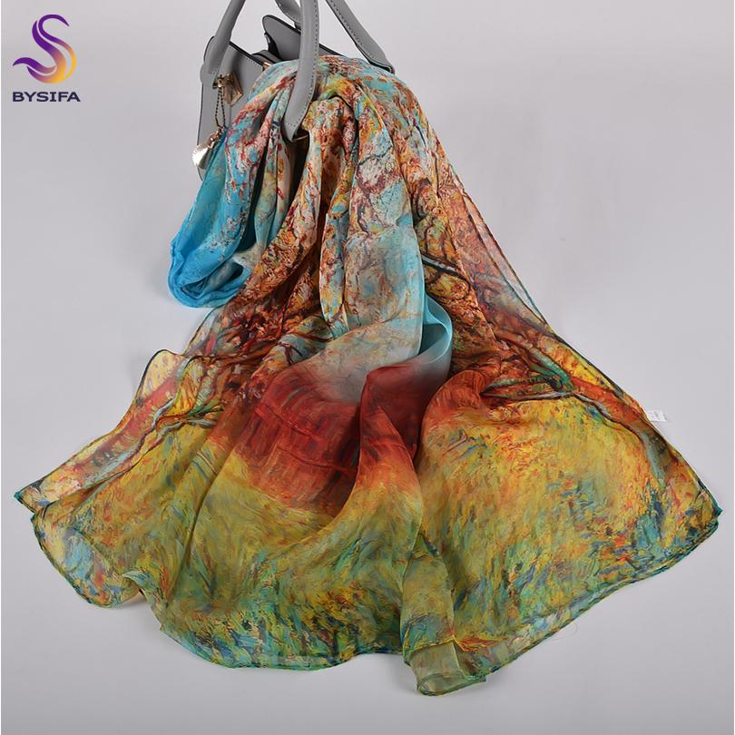 BYSIFA|Blau 100% Seidenchiffon Schal Stola Neu Frühling Herbst Schäferdesign Damen Lange Schals Sommer Strandstola Winterschals