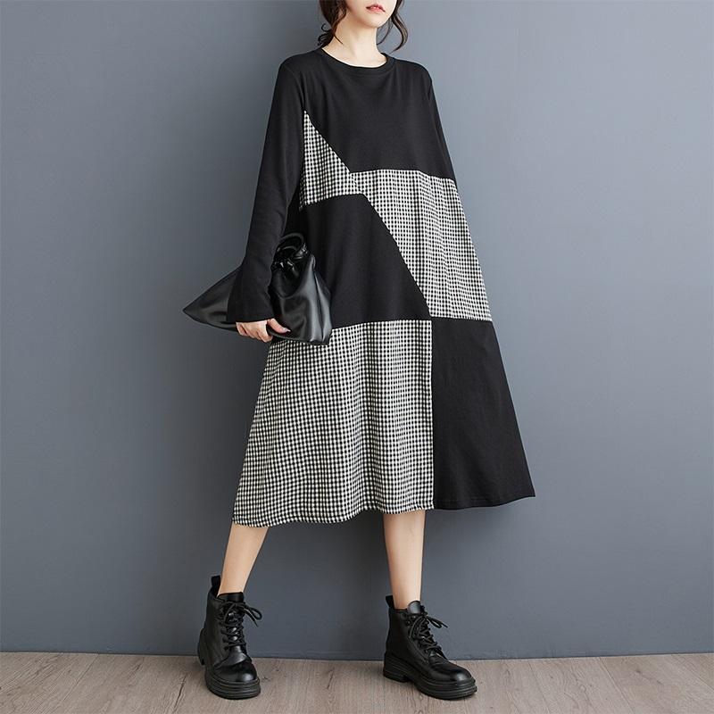 Long sleeve Plus size vintage Plaid new in dresses for women casual loose spring autumn dress
