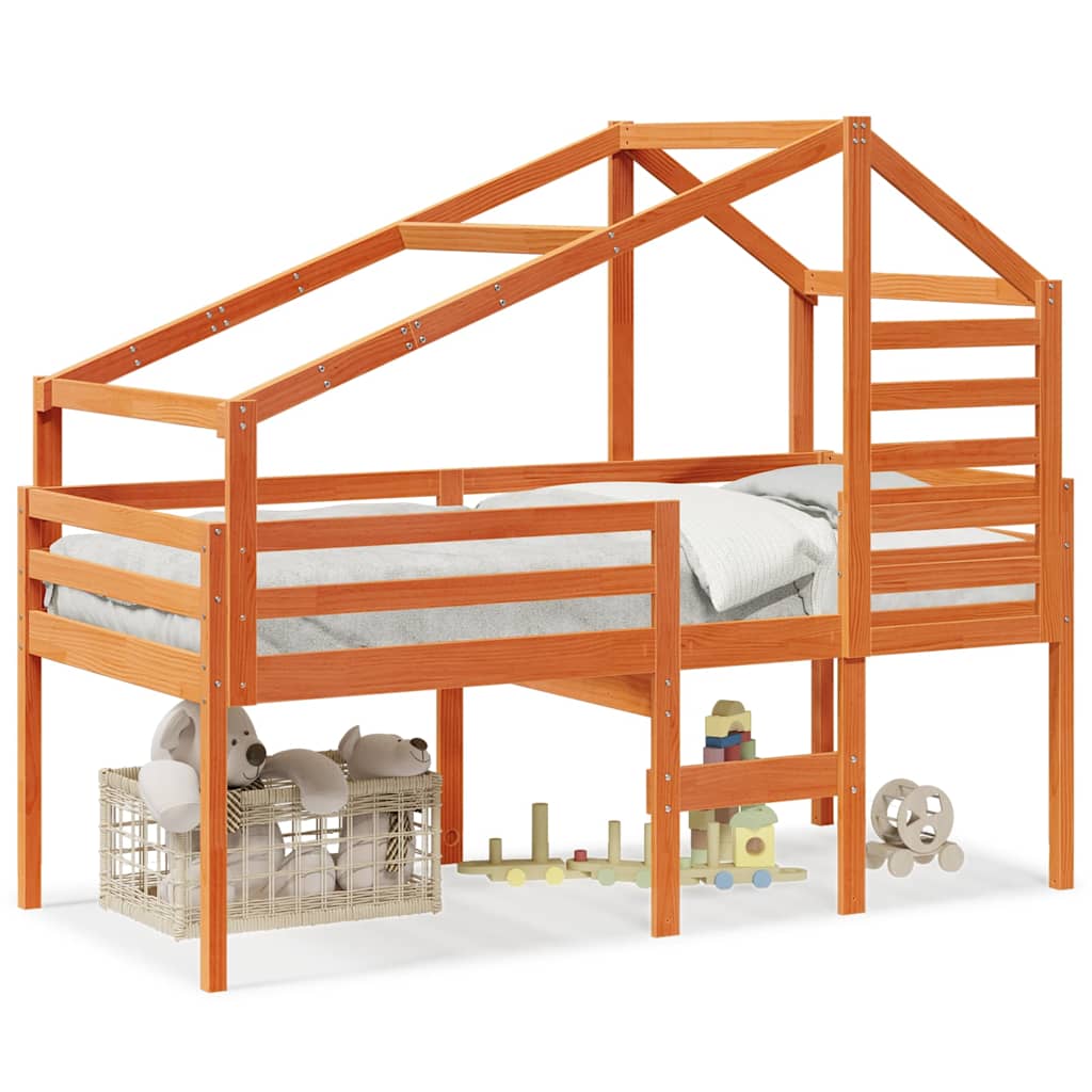 High Bed with Roof Wax Brown 90 x 200 cm Solid Pine Wood