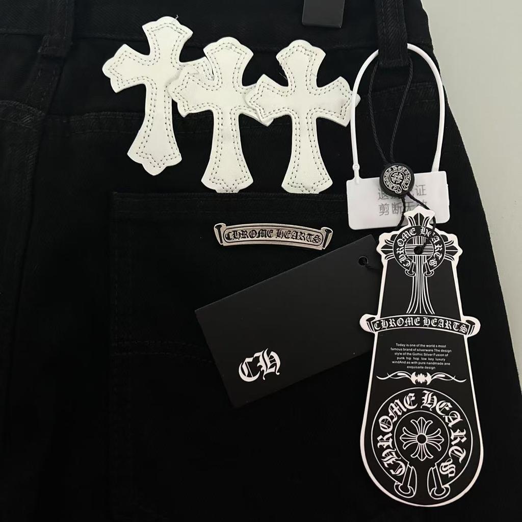 9906 CHROME HEARTS Men's and Women's American Style Trendy Jeans with Fabric Patches, Casual and Fashionable High Street Pants