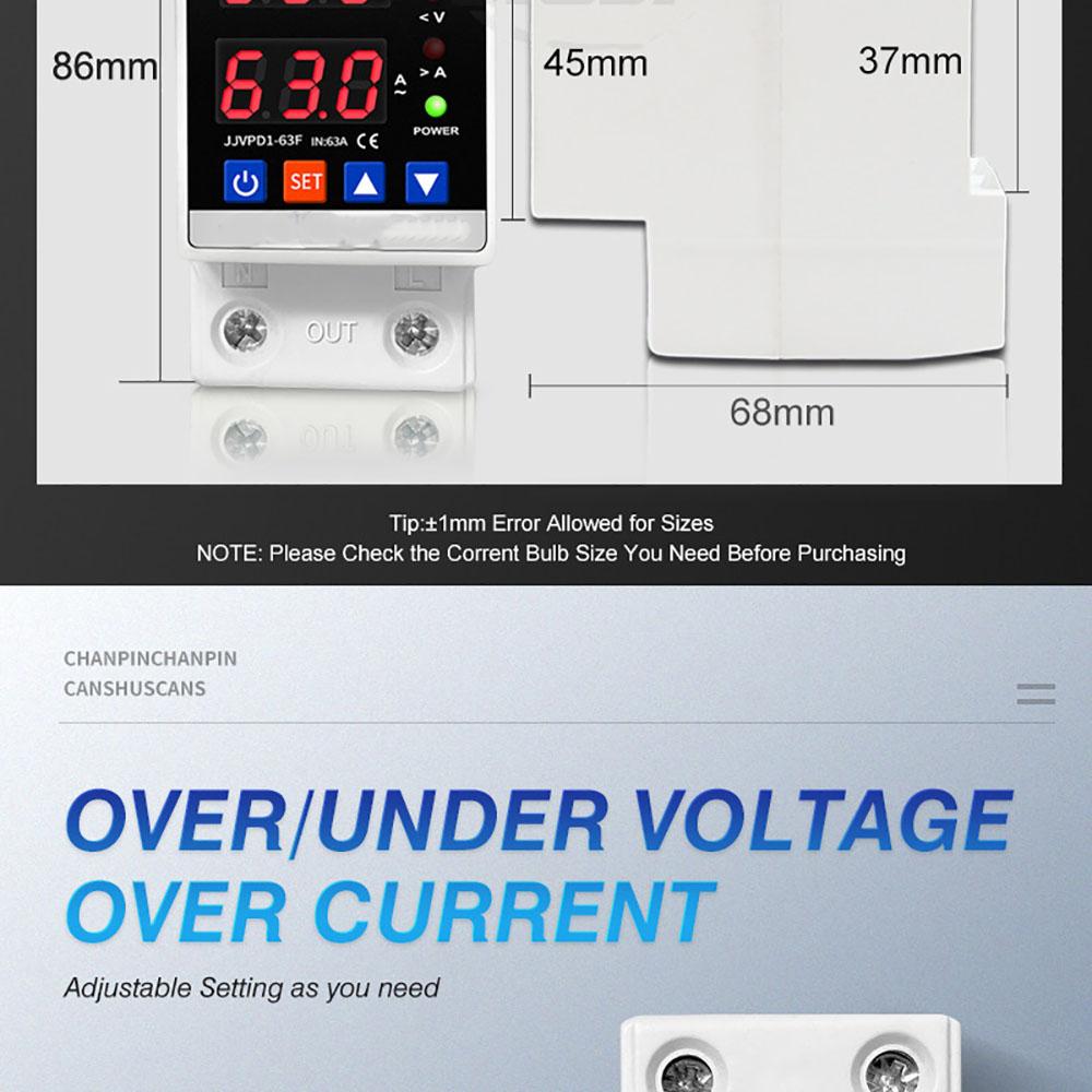 Dual Display 40A 63A 80A 230V Din Rail Adjustable Digital Over Under Voltage Relay Surge Protector Limit Over Current Protection