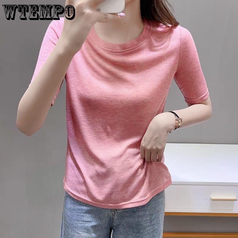 WTEMPO Round Collar Solid Thin Short Sleeve T-Shirts Women's Summer Korean Slim Casual All-match Tops Streetwear