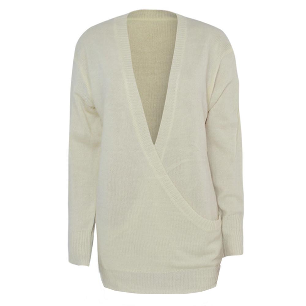 Women's Knitted Deep V-Neck Long Sleeve Wrap Front Loose Sweater Pullover Jumper