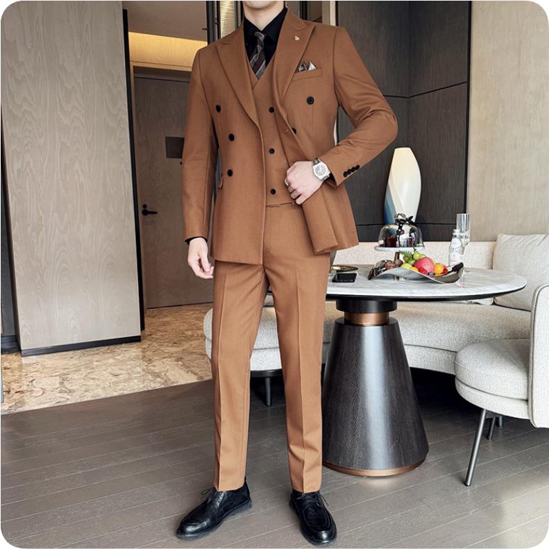 Herren Langarm Schleifenhals Zweireiher Anzug, High-End Business Casual einfarbiger Anzug