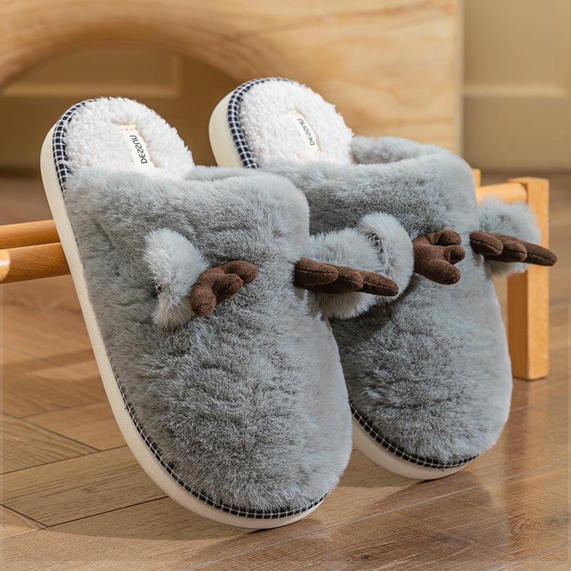 Cute Antlers Plush Cotton Slippers Autumn and Winter Indoor Home Non-slip Silent Plush Warm Couple Floor Mop