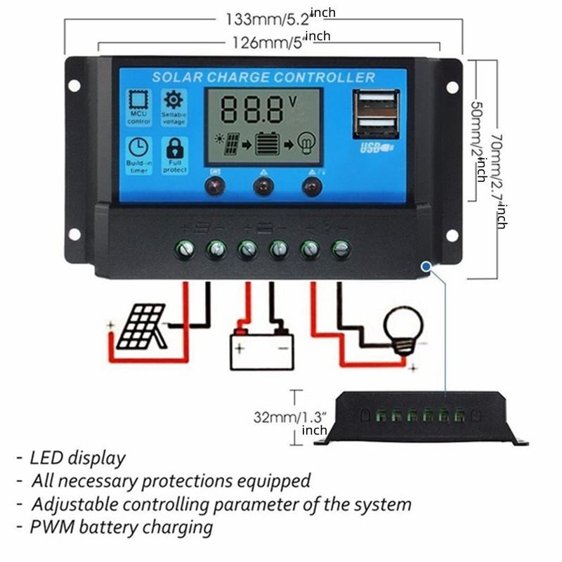 New 10/20/30/40/50/60/100A PWM Solar Charge Discharge Controller LCD Display Dual USB Auto Solar Cell Panel Charger Regulator