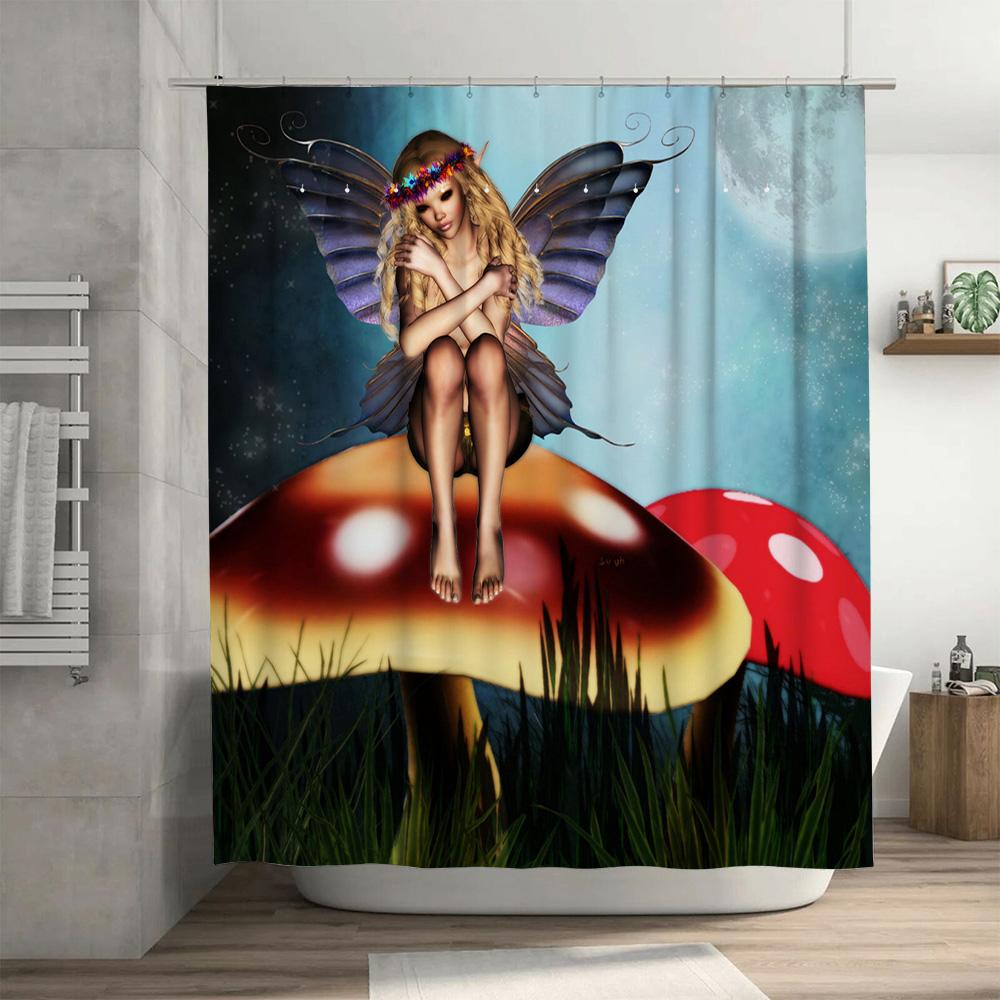 Whimsical Fairy Mushroom Decor Shower Curtain Dreamy Moonlit Forest Fantasy Art for Bathroom 3D Printed Customized Water-Resista