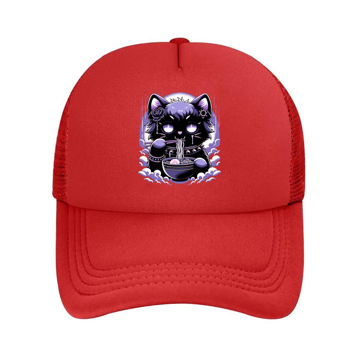 Pastel Goth Kawaii Creepy Cat Eating RaUnisex Graphic  Mesh Baseball Cap Hip Hop Adjustable