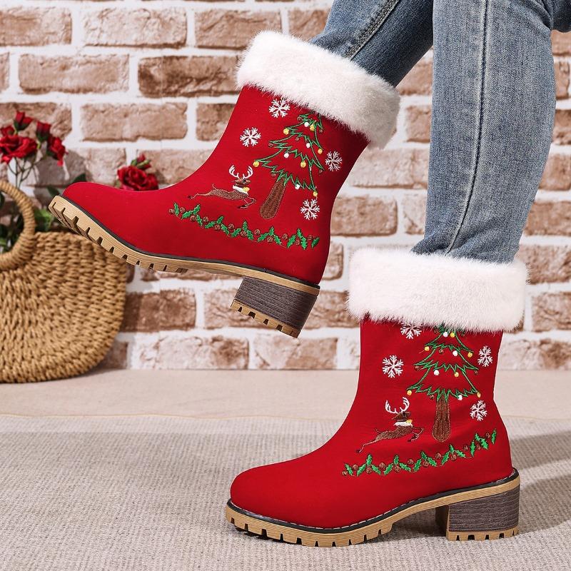 Women's Red Christmas Snow Boots Round Toe Chunky Heel Thick Sole High Heel Furry Lined Ankle Boots Warm Cotton Shoes