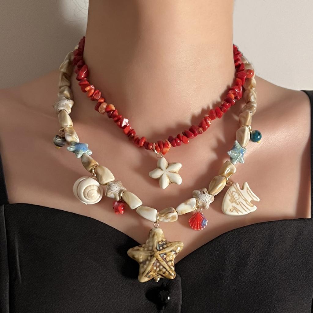Personality Trend Leisure Ocean Resort Wind Double Layer Stacked Turquoise Ceramic Starfish Small Fish Pendant Women's Necklace