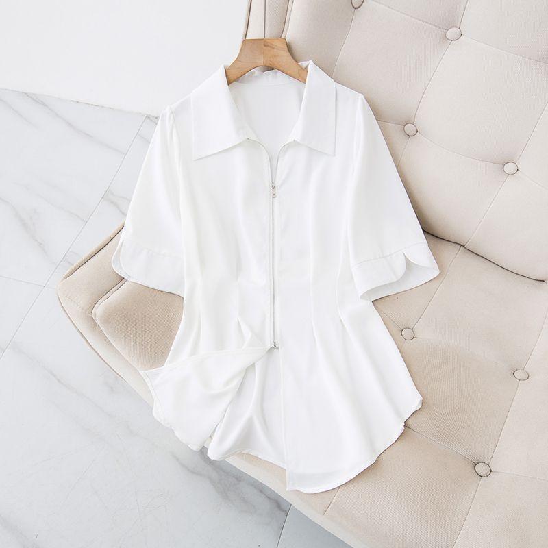 Ladies Irregular Zipper Short-sleeved Shirt Plus Size  Slim Waist Blouse