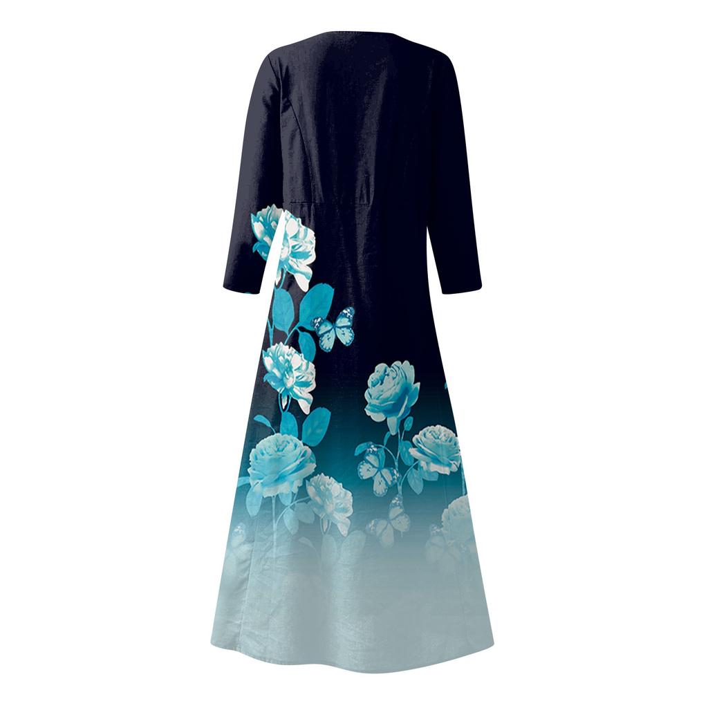 Summer Dress For Women Casual Printed Comfortable Fashion Printed 3/4 Length Sleeve Pocket Dress