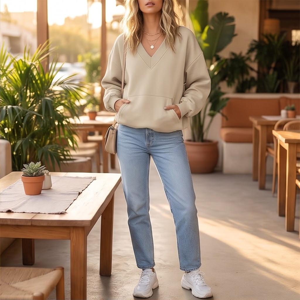 Γυναικείο Casual Φούτερ Πουλόβερ με V-λαιμόκοψη Χαλαρή Εφαρμογή Μακρυμάνικο Τοπ