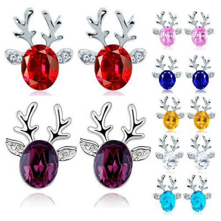 Christmas Reindeer Earrings With Crystal Gemstone For Women Fashion Jewelry