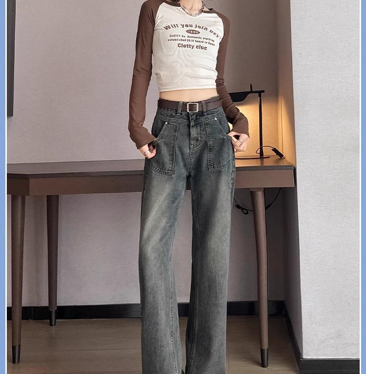 Women's Blue-Gray High-Waisted Wide-Leg Jeans - 2025 Spring Retro Casual Style