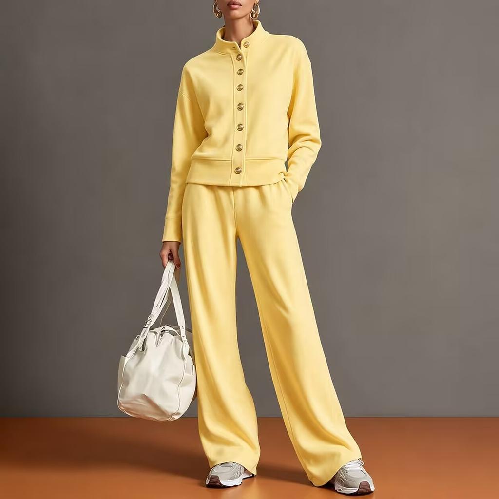 Women Stand Collar Button Front Track Suit Set Long Sleeve Top Wide Leg Pants Two Piece Outfit