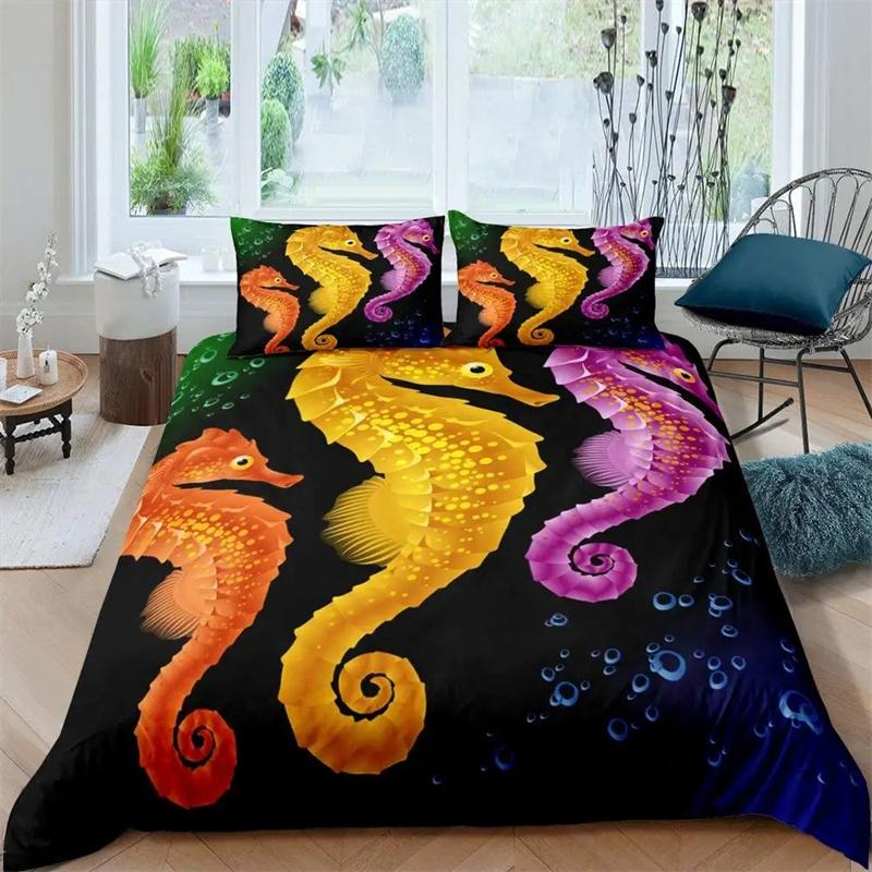 Seahorse Duvet Cover Marine Ocean Animal Print Bedding Set Mediterranean Teal Theme for Kids Women Gifts