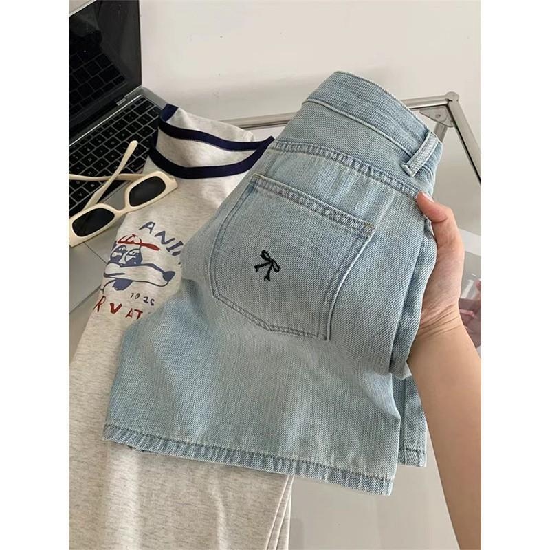 Design-sensory Bow Embroidered Denim Shorts for Women In Summer New Large Size Fat MM High Waist Straight Wide-leg Shorts