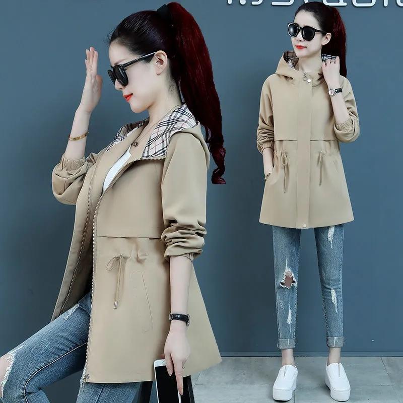 Women's Jacket Trench Coat Korean Spring Autumn Loose Long Sleeve Short Coats Female Windbreaker Hooded Outerwear Tops