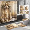 4pcs  Christmas Golden Candlestick Waterproof Shower Curtain With 12 Hooks Non-Slip Bathroom Rug Toilet U-Shape Mat Toilet Lid Cover Pad