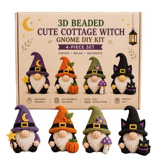 Tiny 3D Beaded Animal DIY Kit, Petite 3D Beaded Gnome Craft Kit, Creative 4-Pack DIY Goblin Beading Set with Instructions, Handmade Cute Beaded Dwarf G
