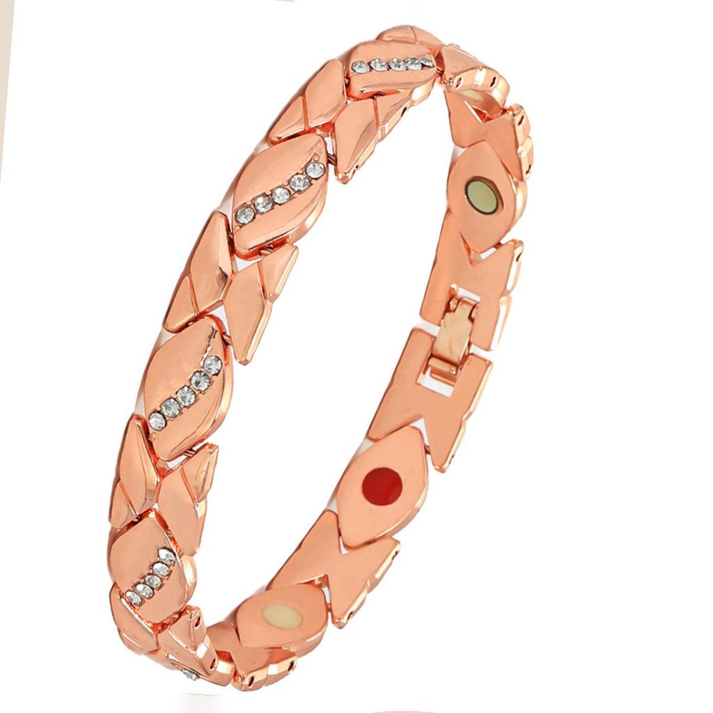 European and American Cross-Border Leaf Inlaid Diamond Magnetic Bracelet, Antique Red Copper, Brushed, Adjustable.
