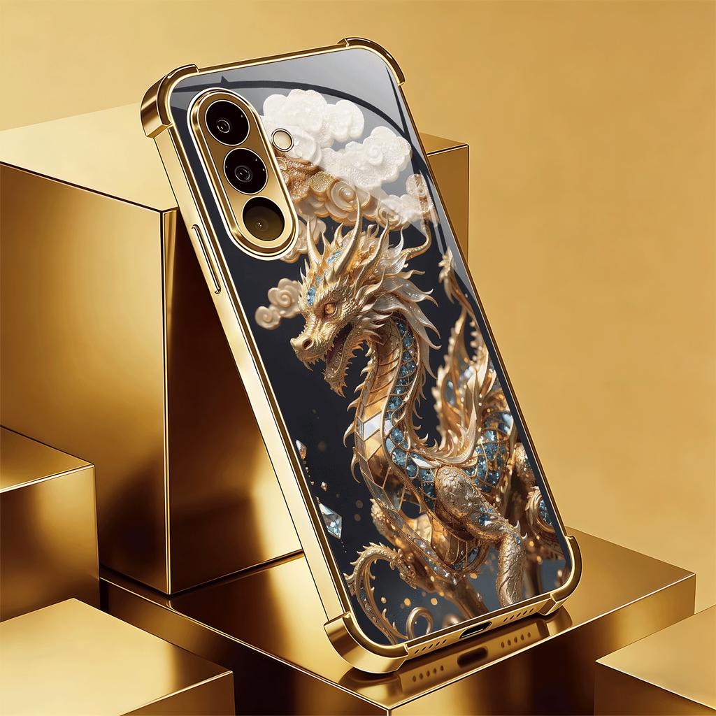 Golden Dragon Circling In The Clouds Gold-Plated Four-Corner Glass Phone Case for Ultra S22 Ultra S20 Ultra 56 A72 A73 5G