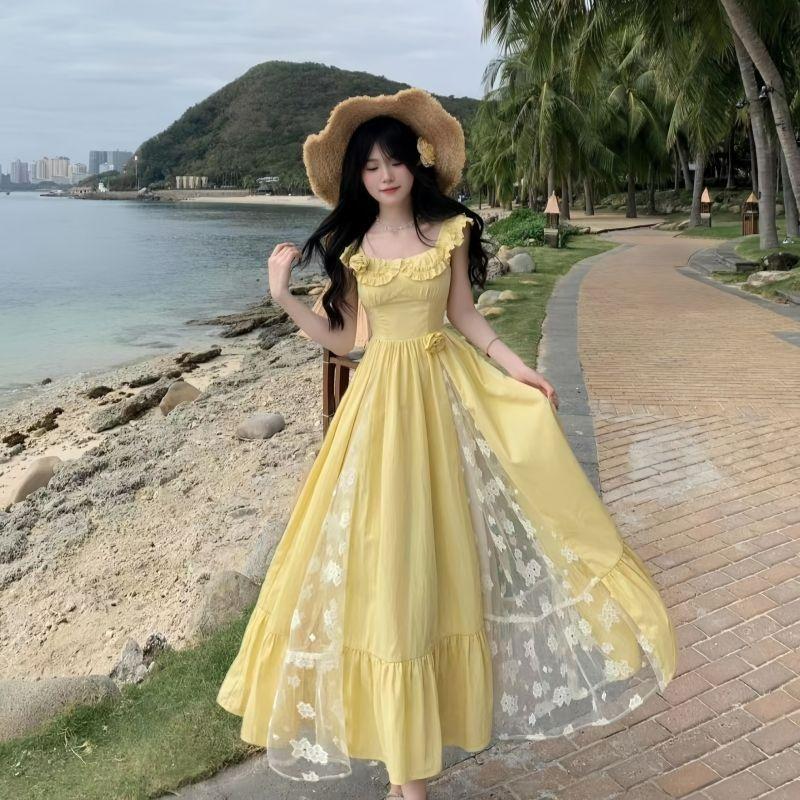 Summer Bohemian Super Fairy Suspender Dress Women's New Xiaofei Sleeve Lace Splicing Waist Long Dress