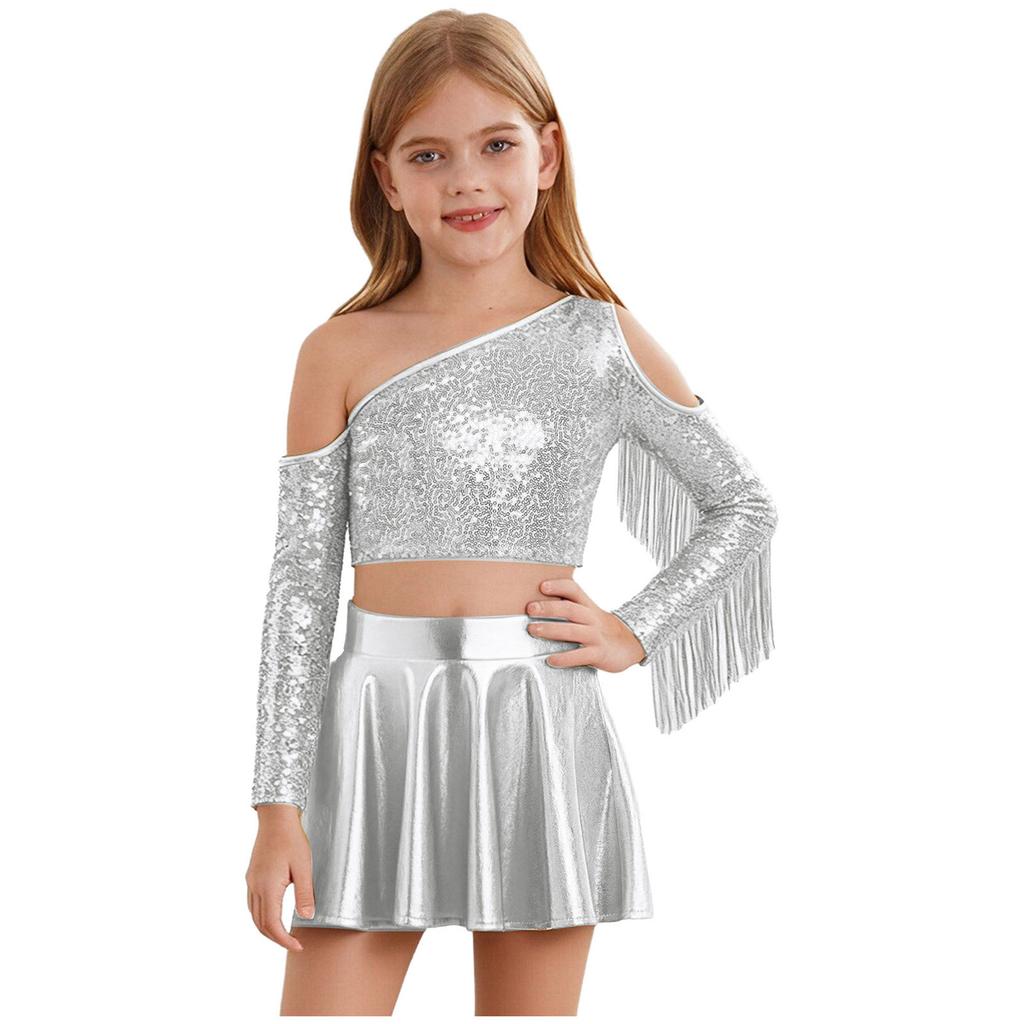 Kids Girls Metallic Stage Costume: One Shoulder Long Sleeve Sequined Crop Top & High Waist Pleated A-Line Skirt for Jazz Dance