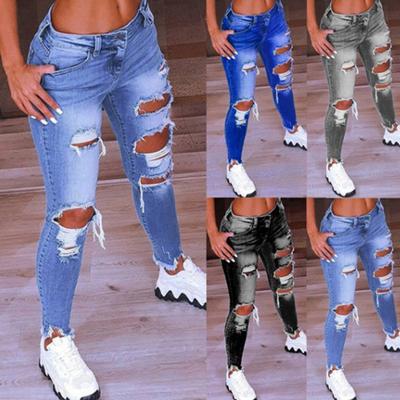 Denim Jeans Pockets Skin-friendly Bottoms Ripped Holes Pockets Pencil Pants for Travel