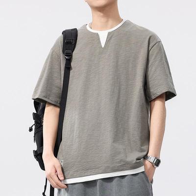 Camiseta Masculina de Verão Dois-Em-Um Algodão de Bambu Camada Falsa