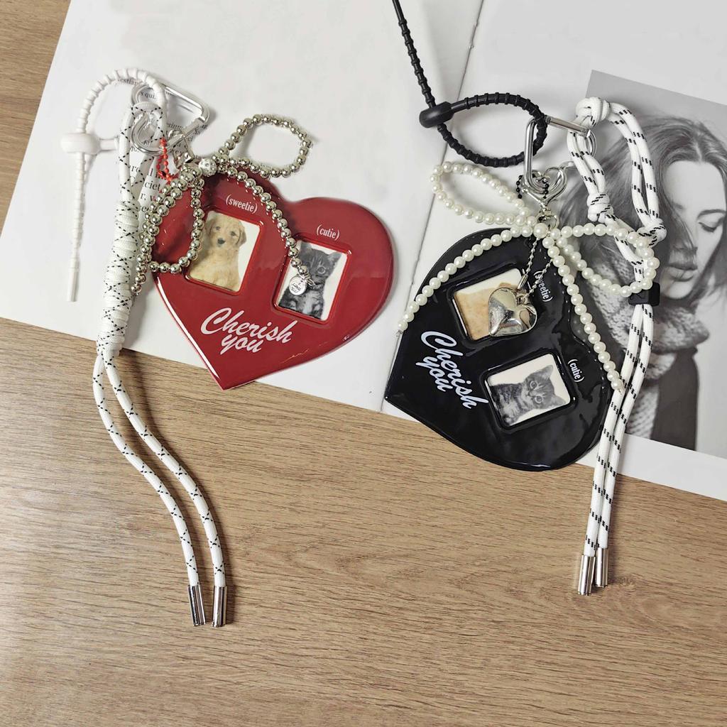 Herz Kartenhalter Schlüsselanhänger mit Schleife und gewebtem Band Fotokartenhülle Schlüsselanhänger Anhänger Accessoire für Taschen und Schlüssel