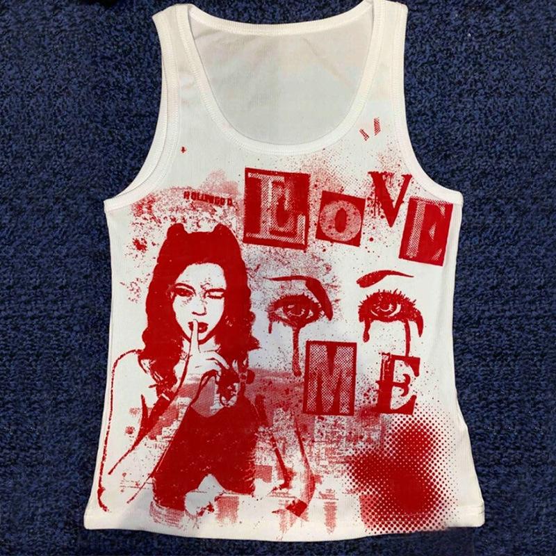European and American women's clothing summer sleeveless short top casual round neck slim figure printing I-shaped small vest