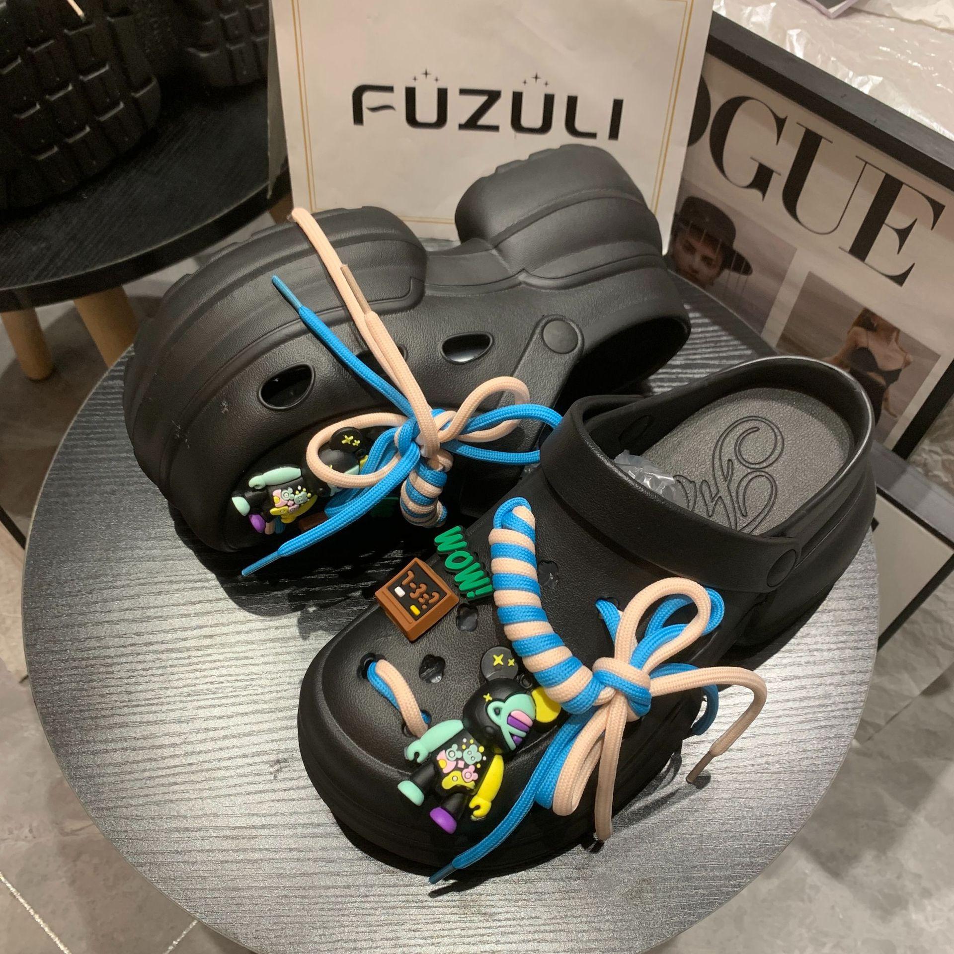 

Туфли с дырочками на толстой подошве, женская летняя новая верхняя одежда, повышающая повседневную моду, знаменитости из Интернета, ветровая пляжная сумка, тапочки для головы 40 чёрный