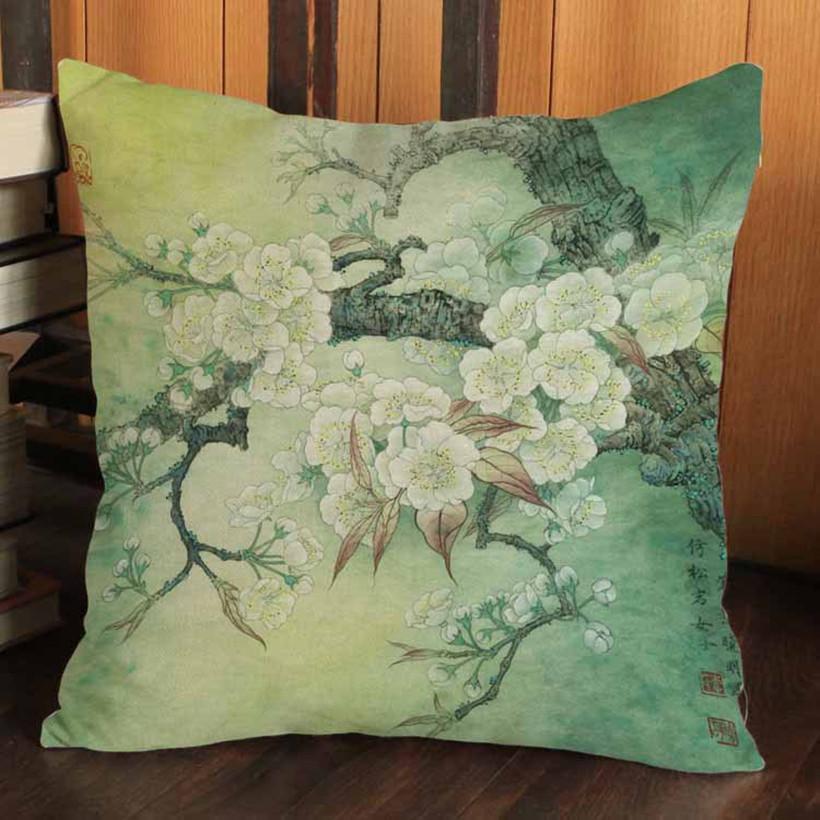 Chinese Style Vintage Ink Painting Flowers Bird Lotus Cotton Linen Decorative Cushion Cover Car Sofa Home Decoration Pillow Case