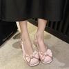 Fashion Square Toe Sandals Black Pink Women's Spring Summer New Shallow Bow Women's Shoes Thick Mid Heel Buckle Sandalias Mujer Verano
