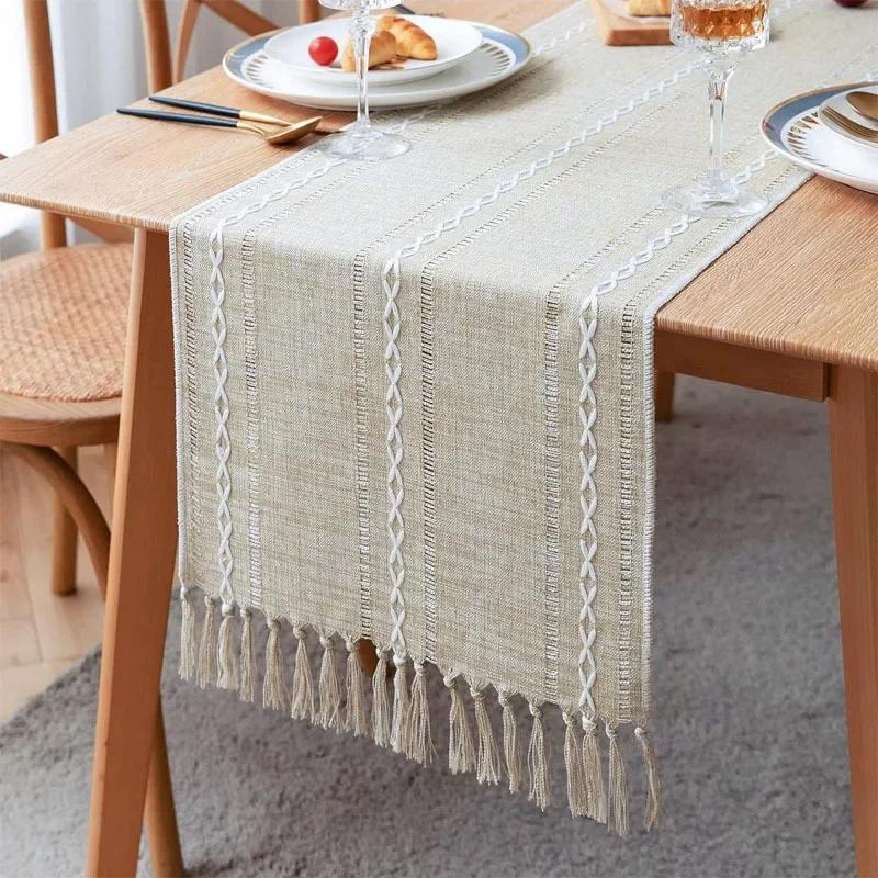 1Pc Linen Tassel Table Runner Rustic Farmhouse Style Tablecloth For Baby Shower Birthday Party Decoration Wedding Table Supplies
