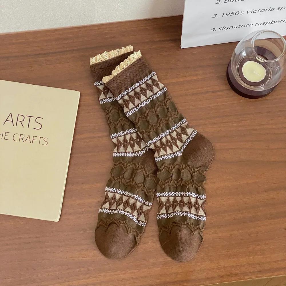 

1 пара винтажных женских носков Харадзюку, модные носки с кружевной отделкой, милые, с цветочным принтом, носки для ног, уличная одежда, корейский стиль, женские носки One Size