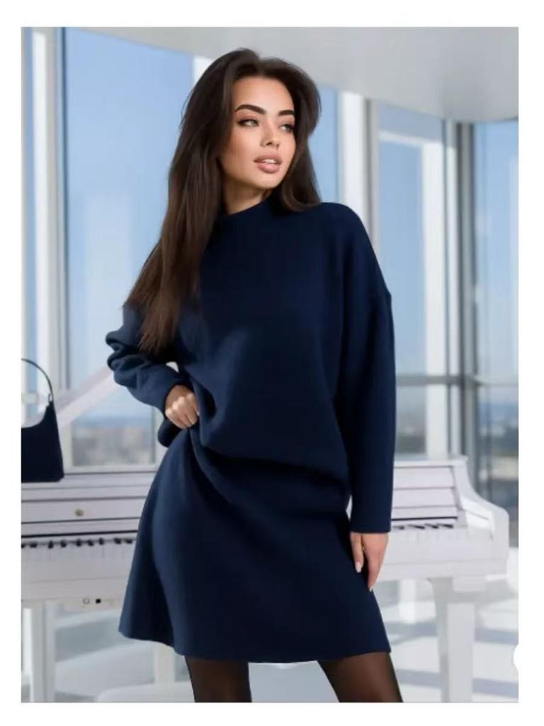 European and American style semi-turtleneck sweater set women's autumn and winter new loose knitted A-word hip-wrapped skirt two-piece set
